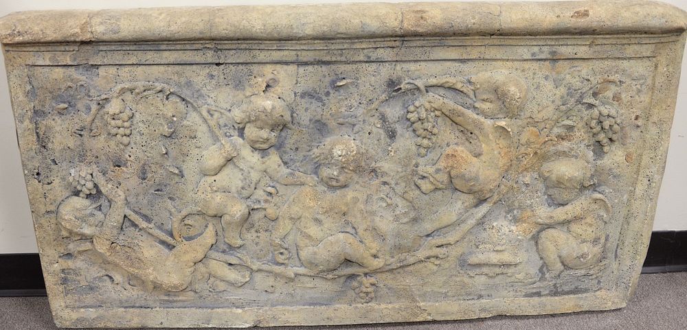 Appraisal: Large cement plaque with carved putti and cherubs x Large