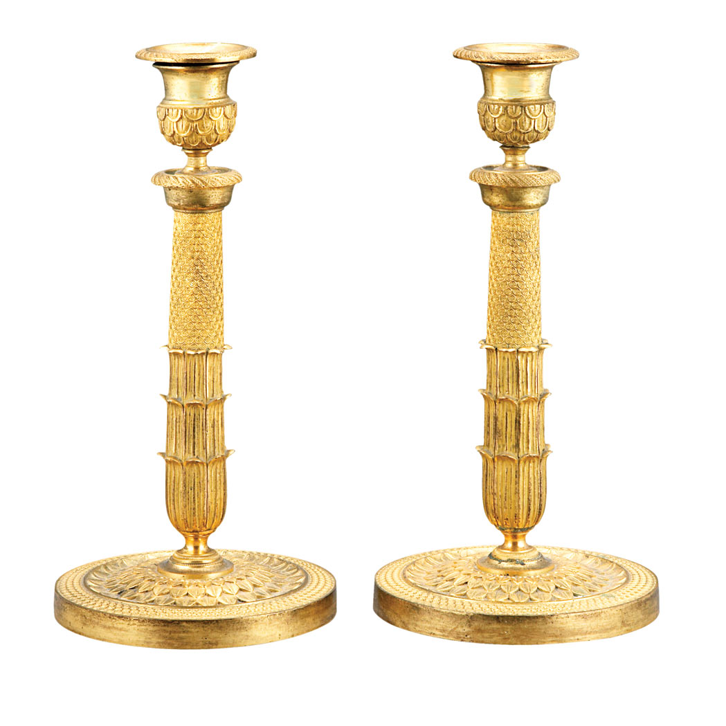 Appraisal: Pair of Charles X Gilt-Bronze Candlesticks Circa With a leaf