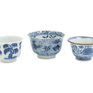 Appraisal: Three Chinese Blue and White Porcelain Wine Cups KANGXI PERIOD