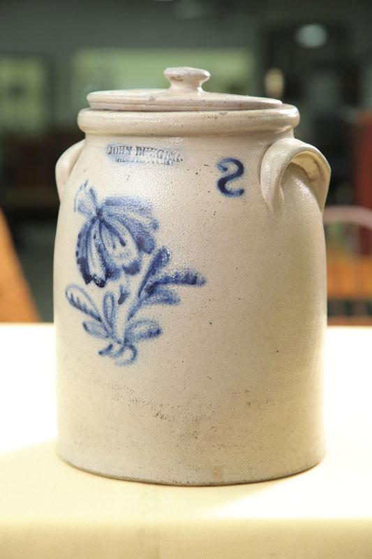 Appraisal: STONEWARE CROCK Lidded crock with stylized cobalt flower and applied