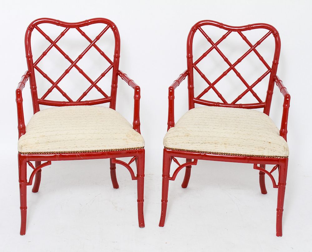 Appraisal: Chinese Red Lacquered Faux-Bamboo Arm Chairs Pr Chinese red lacquered