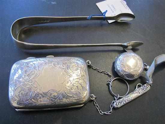 Appraisal: STERLING SILVER CIGARETTE CASE SOVEREIGN CASE HOOK AND GEORGIAN TONGS