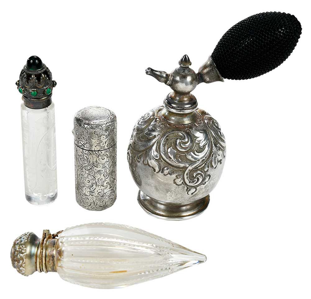 Appraisal: Three Silver Scent Bottles and One Atomizer American British late