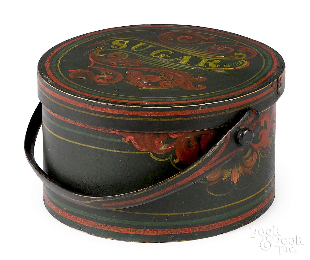 Appraisal: New England painted bentwood sugar box New England painted bentwood