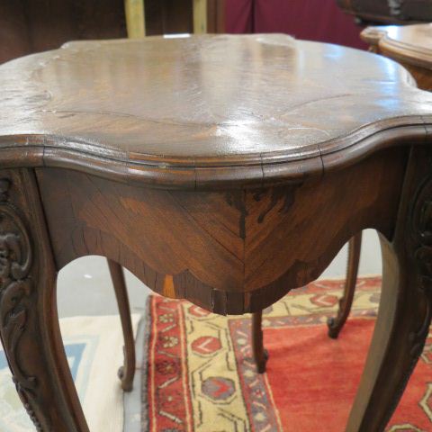 Appraisal: French Marquetry Inlaid Table carved legs turtle top