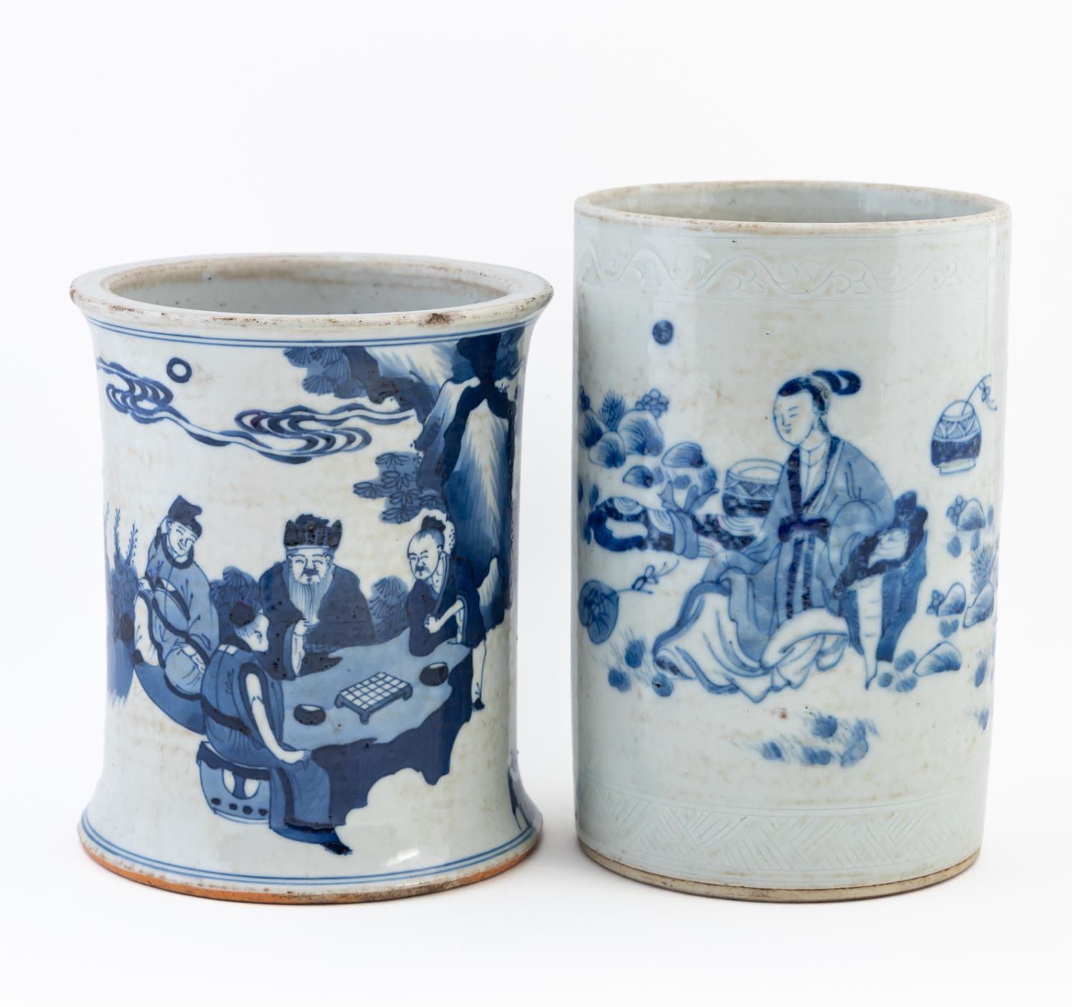 Appraisal: TWO CHINESE BLUE WHITE PORCELAIN BRUSH POTS Two Chinese blue