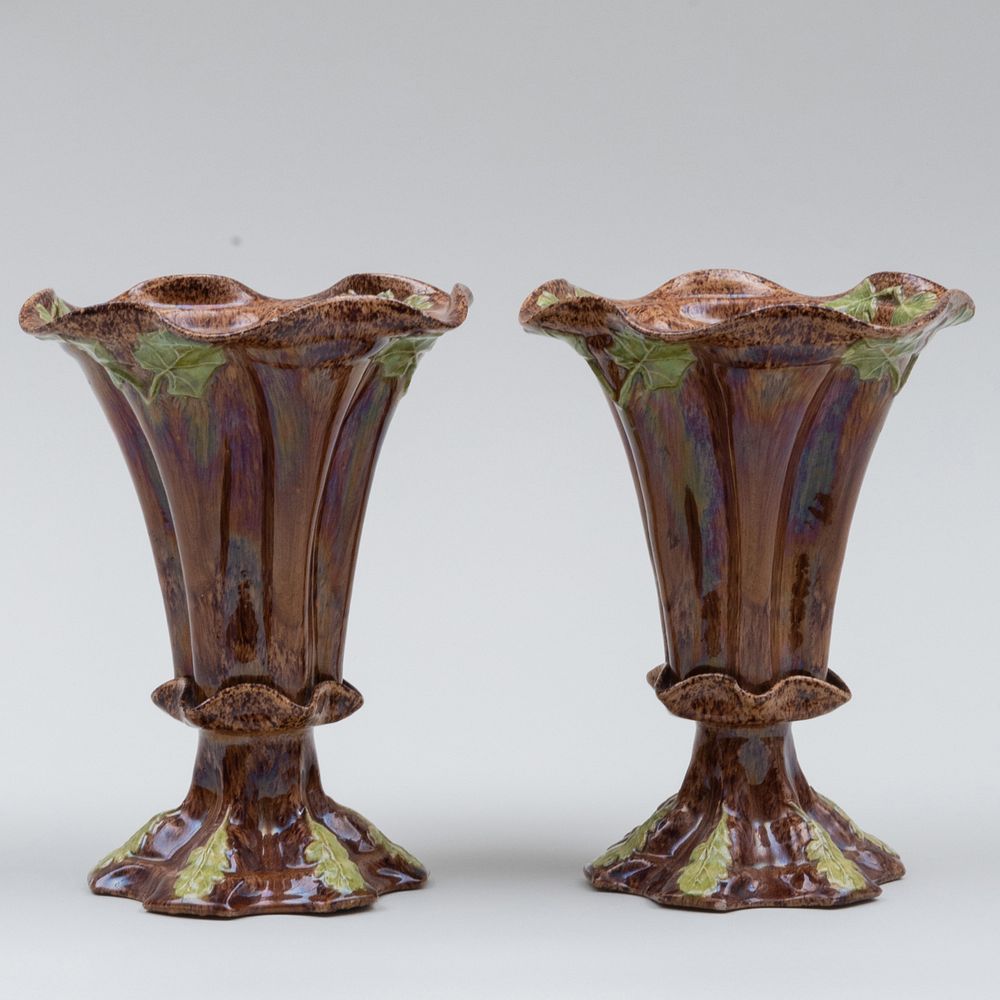 Appraisal: Pair of English Brown Glazed Spill Vases Molded with Leaves