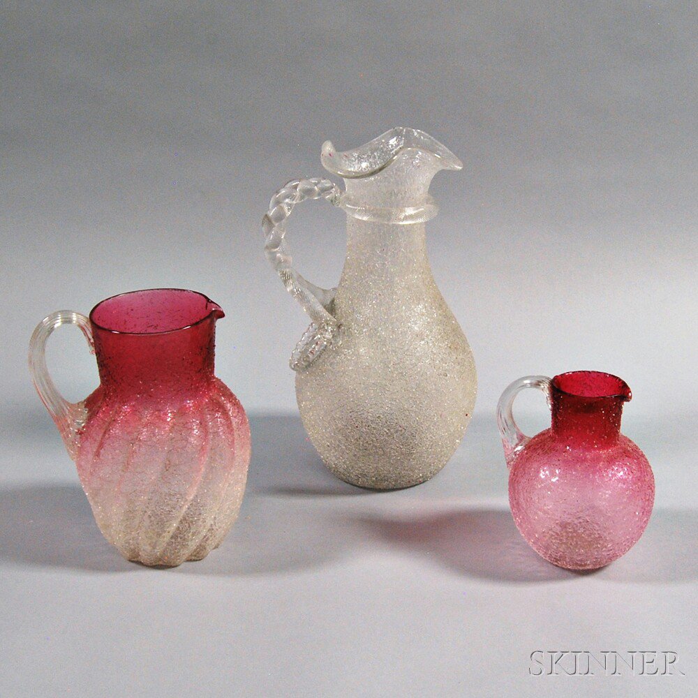 Appraisal: Three Overshot Glass Items a colorless pitcher with ropetwist handle