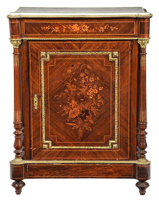 Appraisal: French Marquetry Inlaid Marble Top Cabinet early th century white