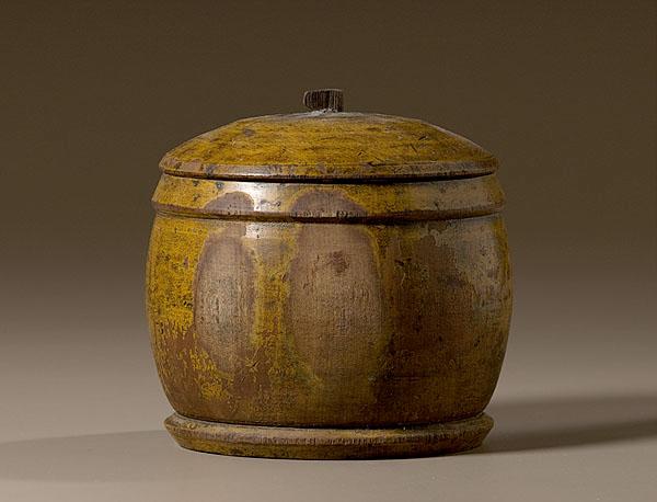 Appraisal: TREENWARE LIDDED JAR IN MUSTARD PAINT American - maple A