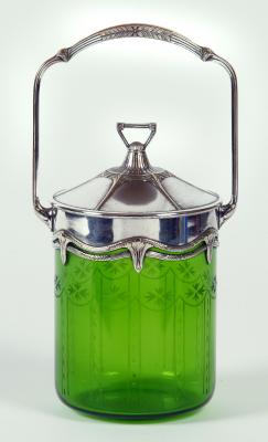 Appraisal: A W M F GREEN GLASS BISCUIT BARREL of cylindrical