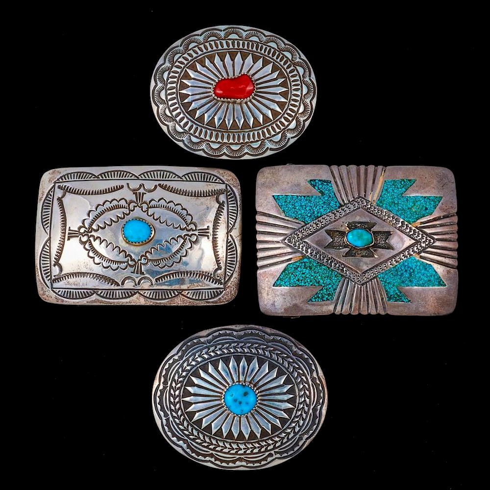 Appraisal: NAVAJO BELT BUCKLES Four Vintage old pawn turquoise coral and