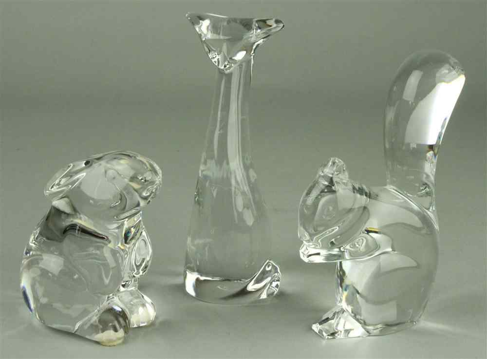 Appraisal: THREE BACCARAT GLASS ORNAMENTS including a bunny a squirrel and