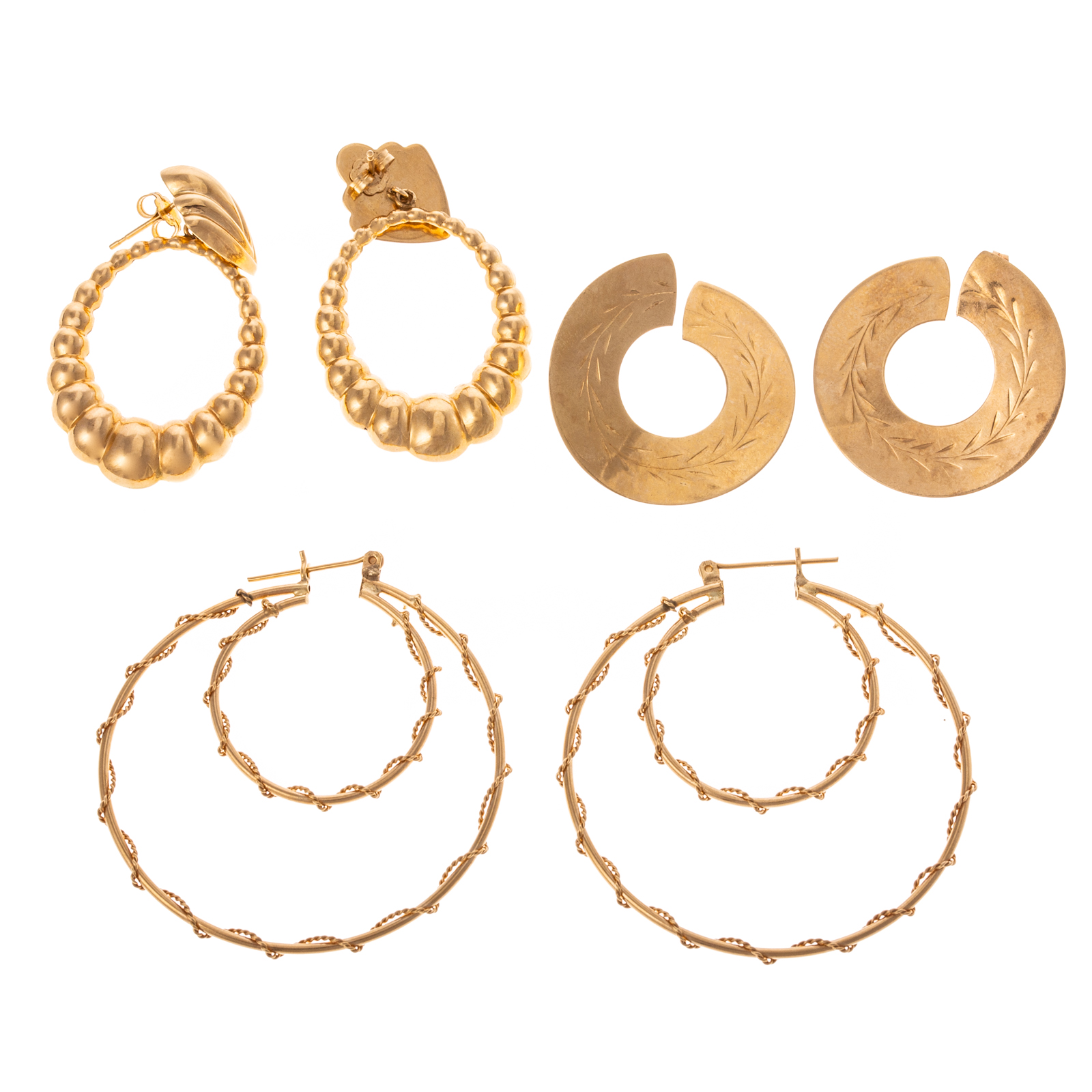 Appraisal: THREE PAIRS OF K EARRINGS HOOPS K yellow gold double