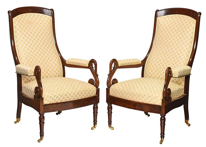 Appraisal: Pair Classical Style Swan Carved Armchairs th century each with