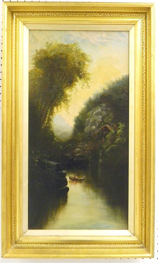 Appraisal: Unsigned oil on canvas landscape with two figures in boat