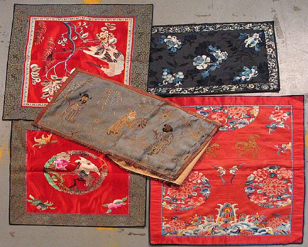 Appraisal: Thirty-eight Chinese silk panels accessories banners and clothing fragments th