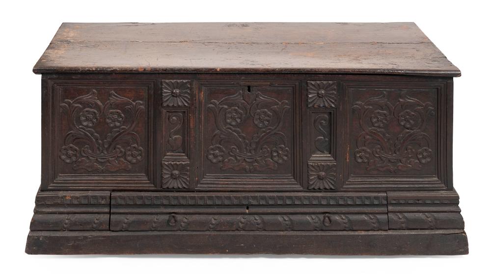 Appraisal: CONTINENTAL CARVED HARDWOOD COFFER TH CENTURY HEIGHT WIDTH DEPTH CONTINENTAL