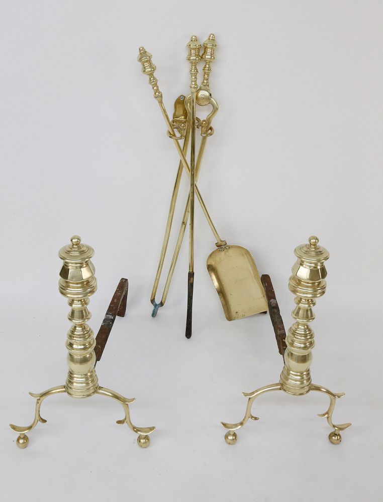 Appraisal: Pair of th c Brass Pennsylvania Multi-turned Finial Top Andirons