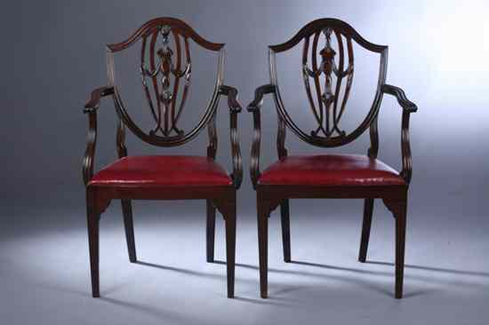 Appraisal: SET SIX HEPPLEWHITE STYLE MAHOGANY OPEN-ARM DINING CHAIRS Faux red-leather