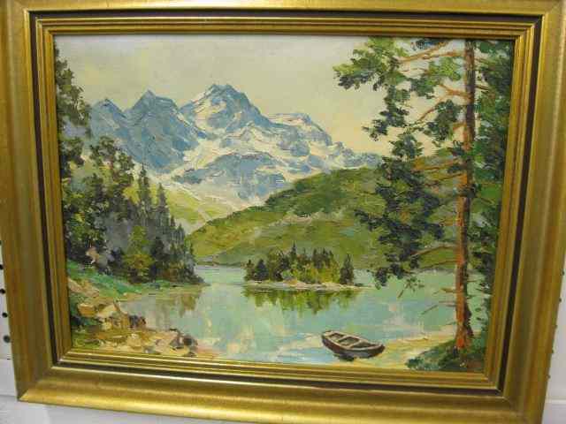 Appraisal: Landscape boat along the share of a lake mountains in