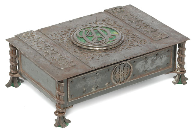 Appraisal: Nice Goberg box attribution bronzed metal with elaborate cut-out and