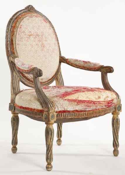 Appraisal: Italian Neoclassical Fauteuillate th century carved and painted frame silk