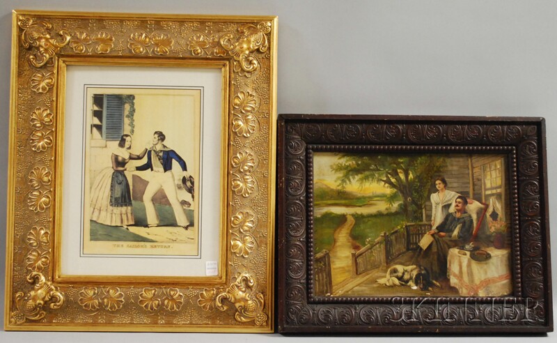 Appraisal: Two Framed Works a th-century hand-colored print The Sailor's Return