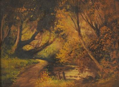 Appraisal: Illegibly Signed Woodland Fall Landscape Illegibly signed lower left oil