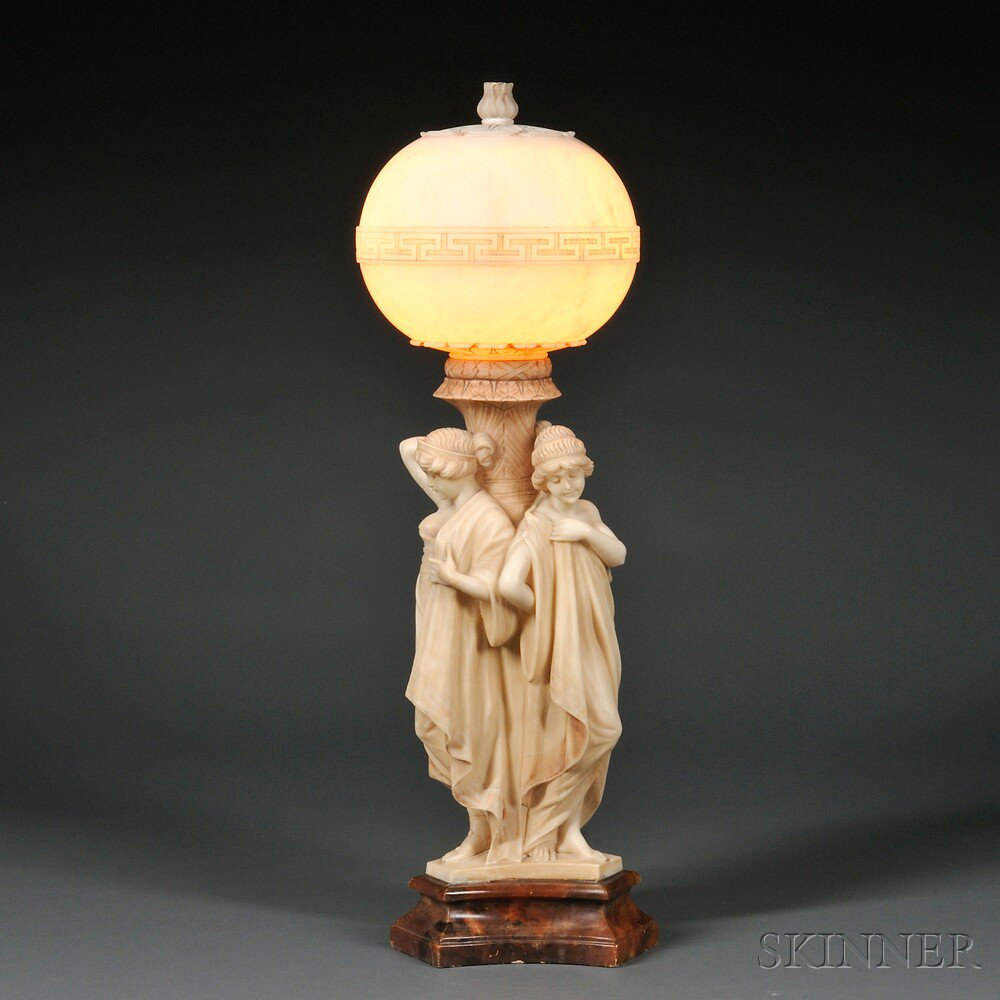 Appraisal: Carved and Tinted Alabaster Table Lamp Continental th century the