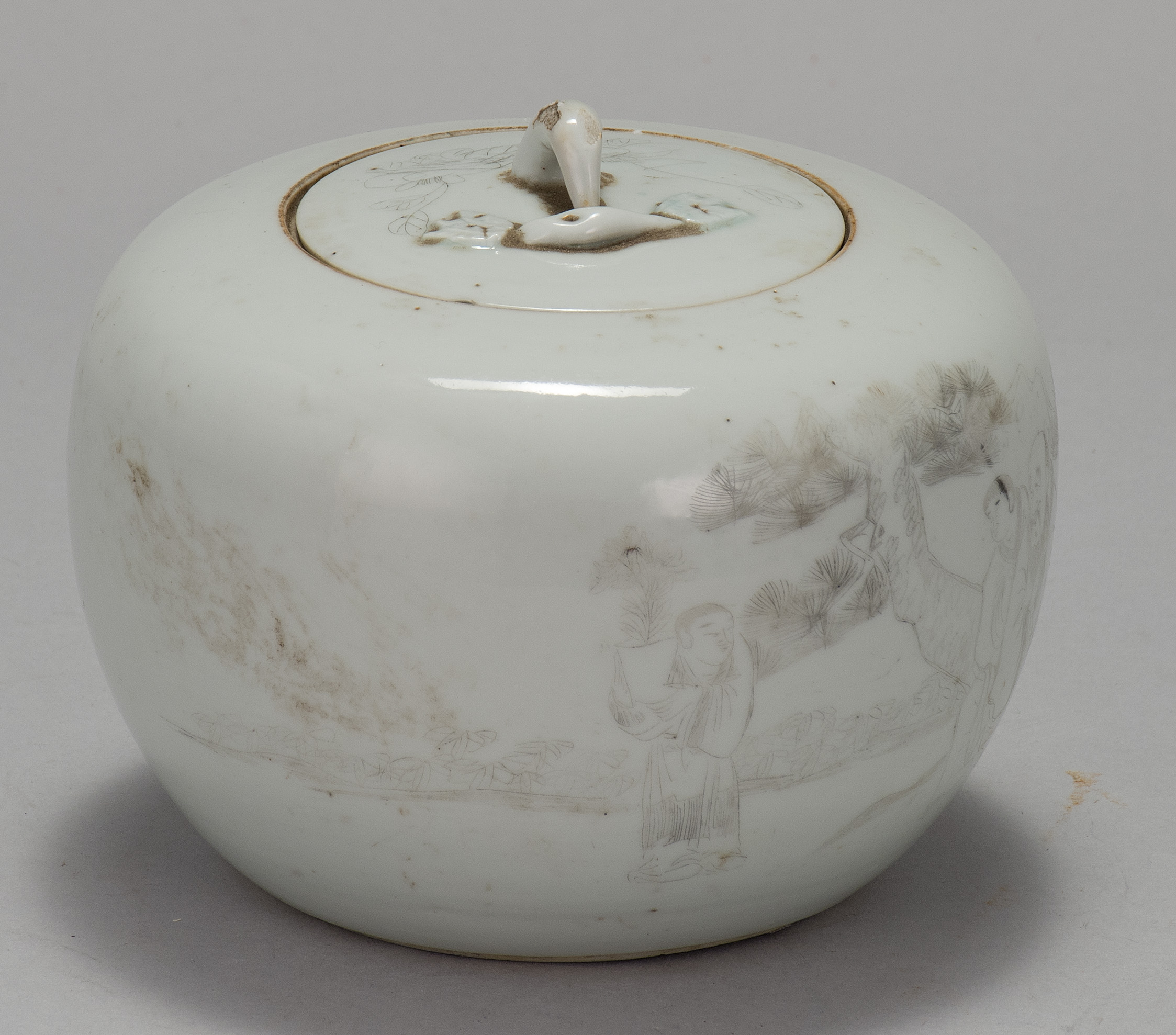 Appraisal: ENGRAVED WHITEWARE PORCELAIN JAR Early th CenturyIn ovoid form with