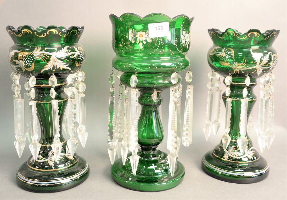 Appraisal: Three Piece Group of Green Glass Lusters to include a