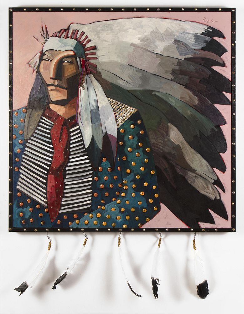 Appraisal: Thom Ross Indian with Pheasant Feathers Thom Ross b Indian