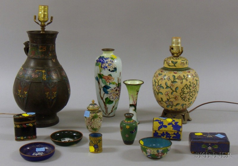 Appraisal: Group of Cloisonne including two lamps a tall vase a