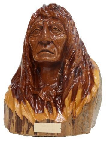 Appraisal: Large carved wood bust Gray Eagle signed C E Snider