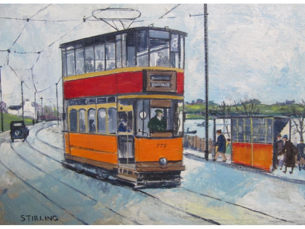 Appraisal: BETTY STIRLING MODERN MAROON TRAM Oil on board signed x