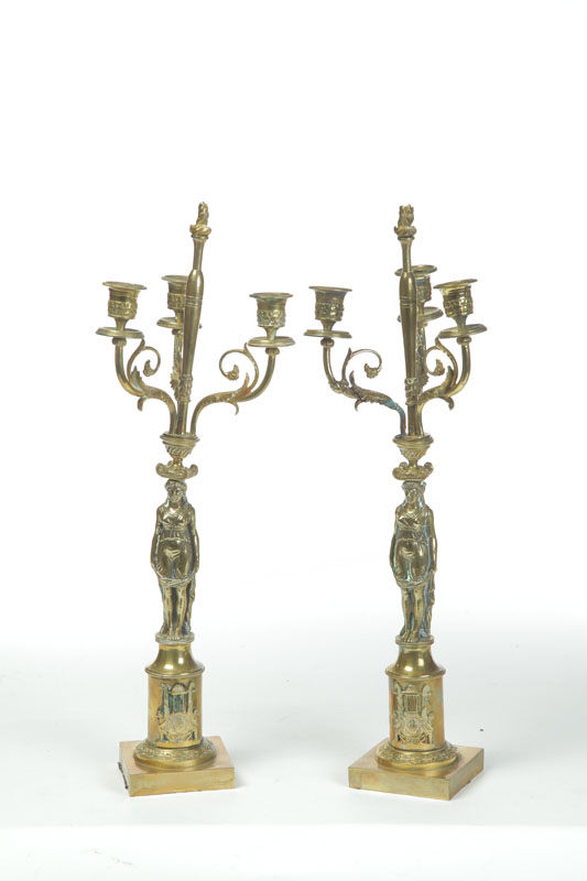 Appraisal: PAIR OF BRASS CANDELABRA American th century Caryatid forms with