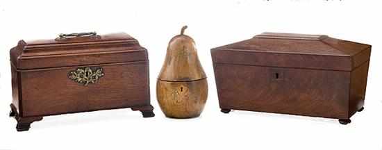 Appraisal: English tea caddy collection George III mahogany casket-form caddy with