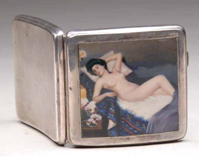 Appraisal: ENGLISH SILVER AND SCENIC ENAMEL CIGARETTE CASE Square enamel decoration