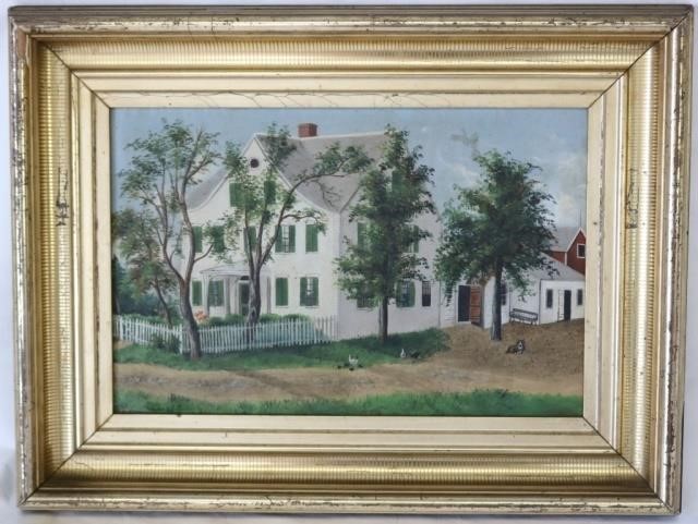 Appraisal: TH C OIL PAINTING ON BOARD COUNTRY FARMHOUSEWITH CHICKENS DOG