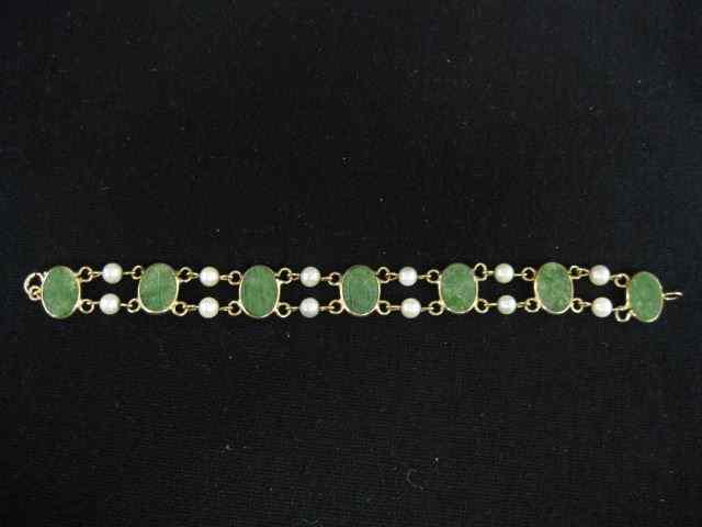 Appraisal: Jade Pearl Bracelet oval gems with pearls in k yellow