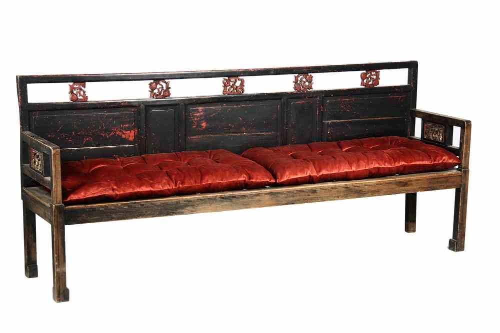 Appraisal: CHINESE BENCH - Long Bench with black lacquered panel back