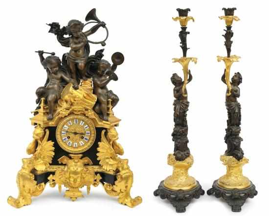 Appraisal: A Louis XV style gilt and patinated bronze clock garniture