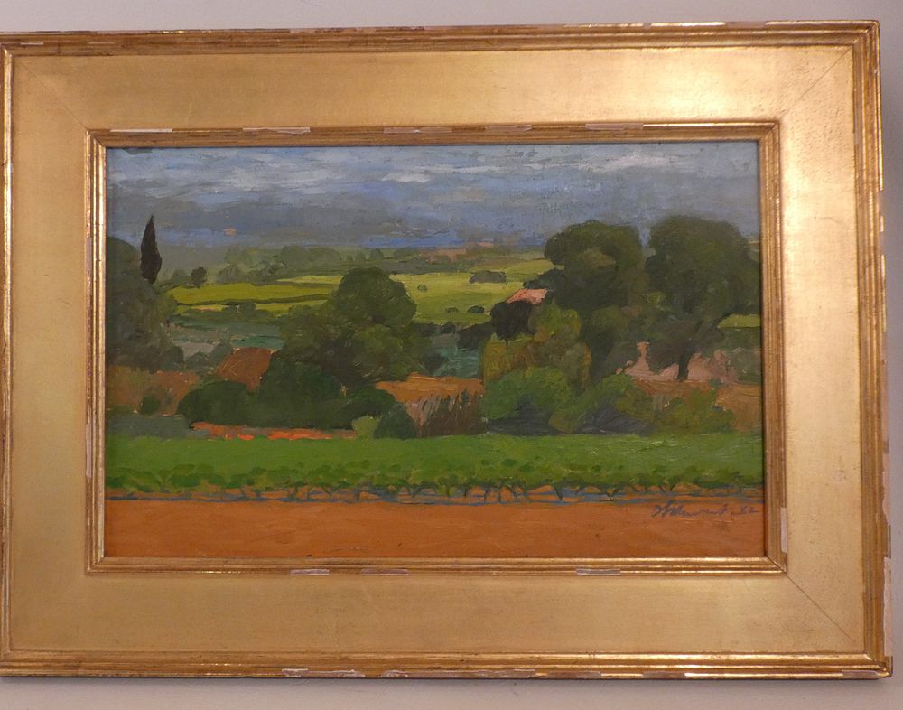 Appraisal: DB SCHWARTZ FRENCH LANDSCAPE PAINTING French oil painting on wood