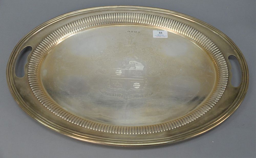 Appraisal: English silver two handled tray with family coat of arms