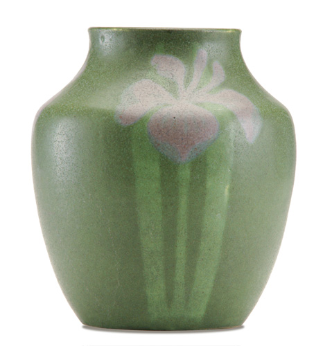 Appraisal: WALRATH Exceptional bulbous vase matte-painted with purple irises on long