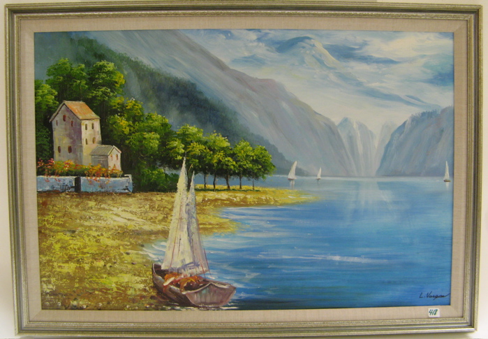 Appraisal: CONTINENTAL SCHOOL OIL ON CANVAS Inland sea with sailboats and