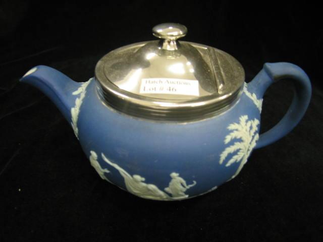 Appraisal: Wedgwood Blue Jasperware Teapot classical decor silverplate top