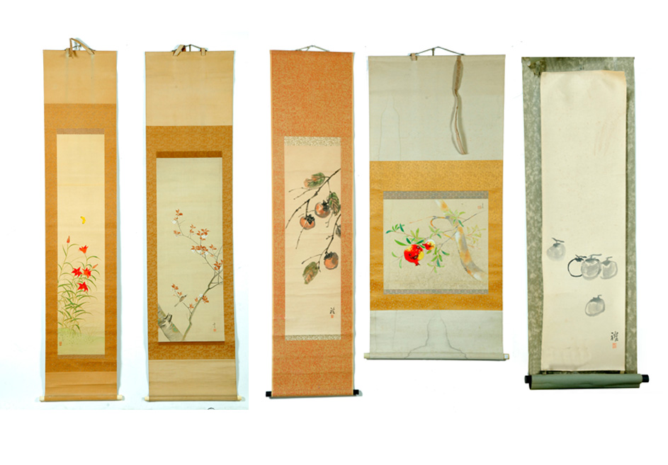 Appraisal: FIVE ASIAN SCROLLS Late th- th century Fruit in ink