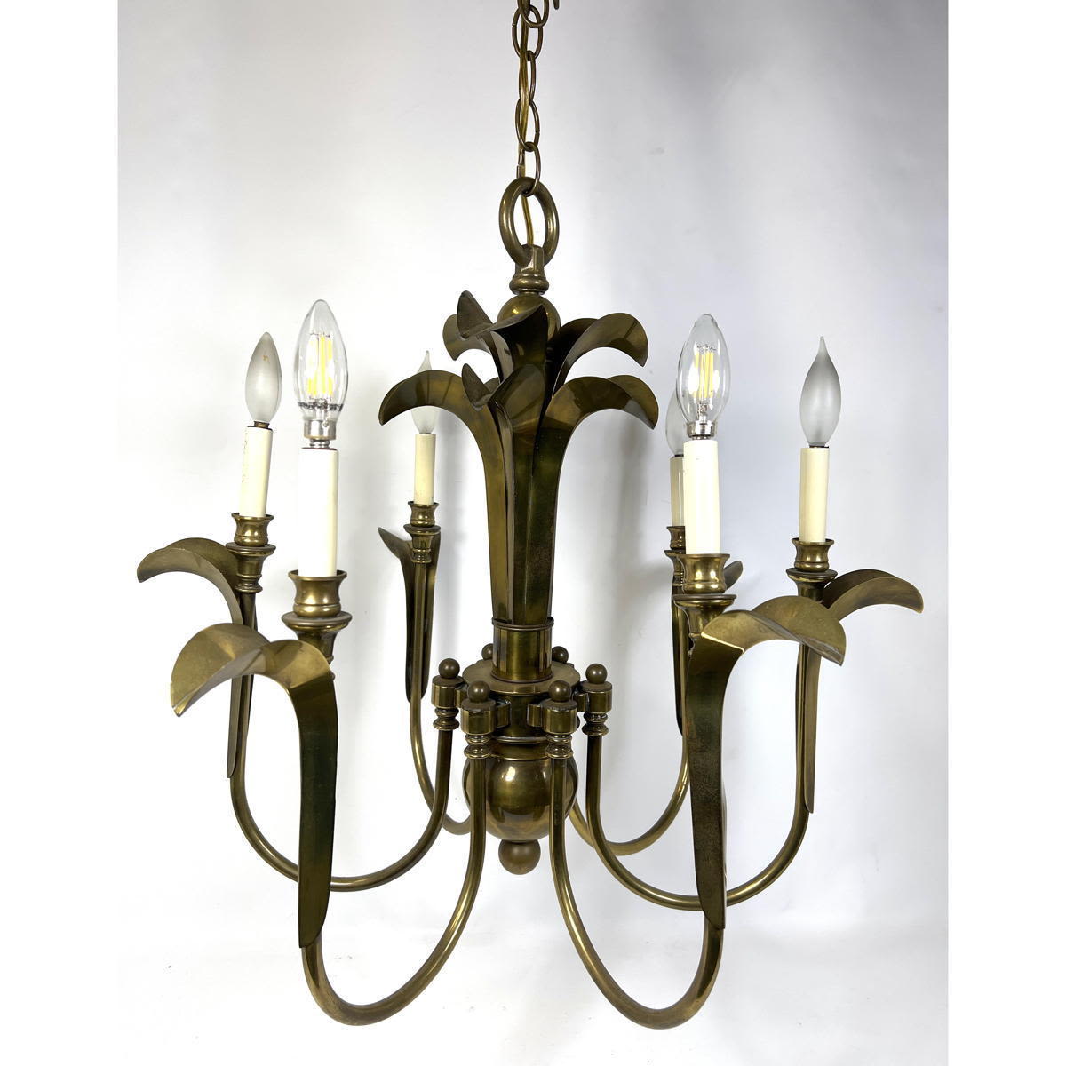 Appraisal: Vintage brass decorator chandelier With stylish palm design Dimensions H